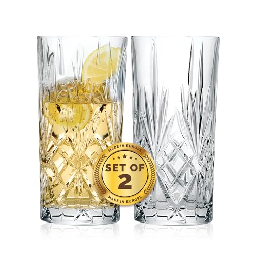 Barski Highball Glass - Drinking Glasses - Set of 2 - Hiball Tumblers - Glass Crystal Tumbler - for Water, Juice, Beer, Mixed Cocktails, Mojito Glass, Tom Collins Bar Glassware, 12 oz, Made in Europe