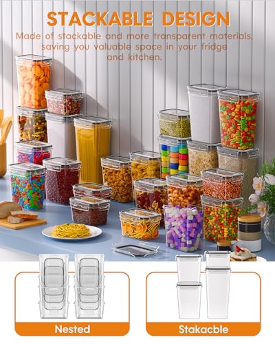 Airtight Food Storage Containers with Lids, 24 PCS Kitchen and Pantry Organization Canisters, BPA-Free, PVC-Free, Food-grade Plastic Leak-proof Jars for Cereal, Flour, Sugar, Extra 24 Labels & Marker