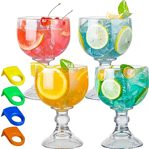 wookgreat Schooner Beer Glasses 21.5 Oz Set of 4, Extra Large Margarita Glass With 4 Color Clips, Shrimp Cocktail Goblet, Large Stemmed Glasses With Thick Bottom, Crystal Clear Bar Glassware