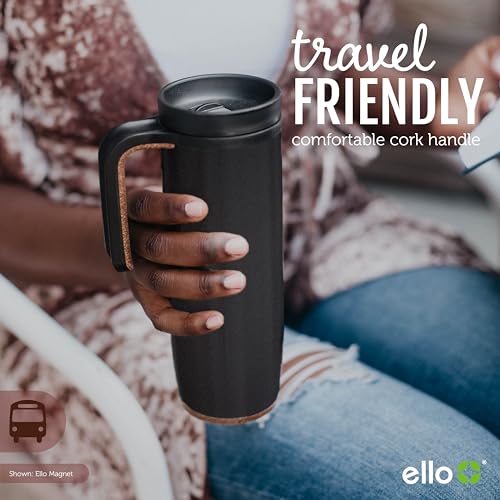 Ello Magnet 18oz Stainless Steel Travel Mug with Handle and Leak Proof Lid | Vacuum Insulated Coffee Cup Keeps Drinks Hot for 5 Hours | BPA Free Tumbler with Built In Coaster, Matte Black