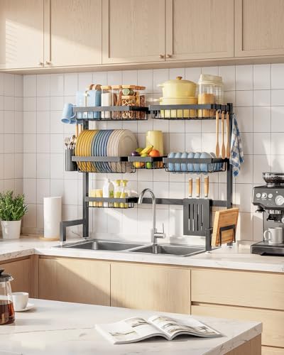 Sakugi Dish Drying Rack - Over The Sink Dish Drainer Drying Rack with Utensil & Knife Holder, Hooks, Stainless Steel Kitchen Organizers and Storage Solution, 11.8" D x 31.5"~39.0''W x 30" H, Black