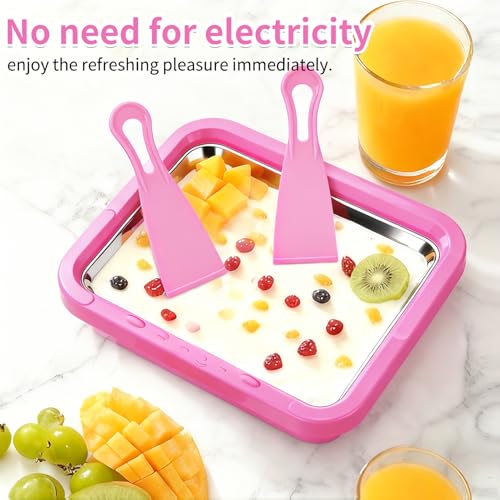 KeyDoors Rolled Ice Cream Maker with 2 Scrapers, Food Grade Stainless Steel Tray for Frozen Yogurt & Slushie, Homemade DIY for Parent-Child Family Activities, Ideal Birthday Gift (Pink)
