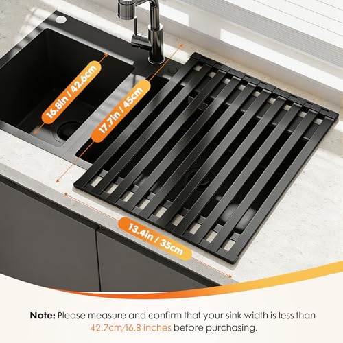 Volminex Foldable Over Sink Dish Drying Rack, Extra Wide & Thick Rust-Proof Aluminum Sink Cover for Counter Space, Collapsible Dish Drying Rack Fits Most Kitchen Sinks (Black, 17.7“x13.6)