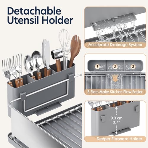 Stainless Steel Dish Drying Rack - Large Capacity Dish Rack for Kitchen Counter with Drain Board, Rustproof Dish Drainer with Auto Drain Spout Utensil Holder Glass Holder, Dinnerware Organizer, Gray