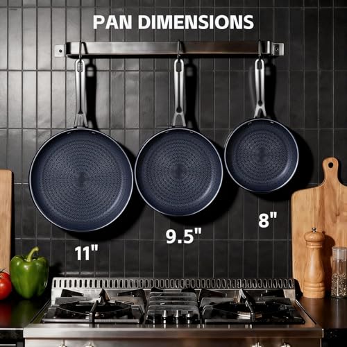 Ammeloo Hybrid Tri-Ply Stainless Steel Frying Pans Set, 8"/9.5"/11" Cooking Pans, Non Stick Frying Pans and Skillets, Chef Pan, Non Toxic, Dishwasher Safe, Induction Compatible, Blue Interior