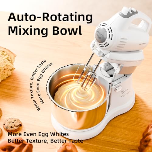 Vikaluz 3.2QT 2-in-1 Stand Mixer, Electric Kitchen Mixer with Auto-Rotating Bowl & Tilt-Head, 5-Speed 250W Turbo Baking Machine for Beginners with Beater & Dough Hook for Cookie, Bread, Cake (White)
