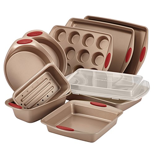 Rachael Ray Cucina Nonstick Bakeware Baking Pans Set, Latte Brown and Cranberry Red, Baking Dishes, 10-Piece