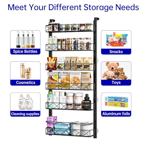 MIAOLI Over the Door Organizer, Black 6-Tier Pantry Door Organizer with Adjustable Basket, Hanging Spice Rack Cabinet Door Shelves, Laundry Room Organization and Storage