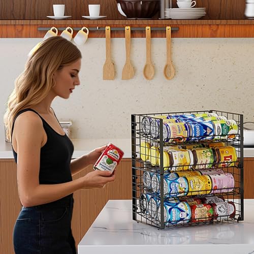 3-Pack Stackable Can Rack Organizer for Pantry, Adjustable Can Holder for Various Ounce of Cans up to 90, Rolling Can Dispenser for Canned Food Soup Goods Storage in Kitchen Cabniet, 2 Tier, Black