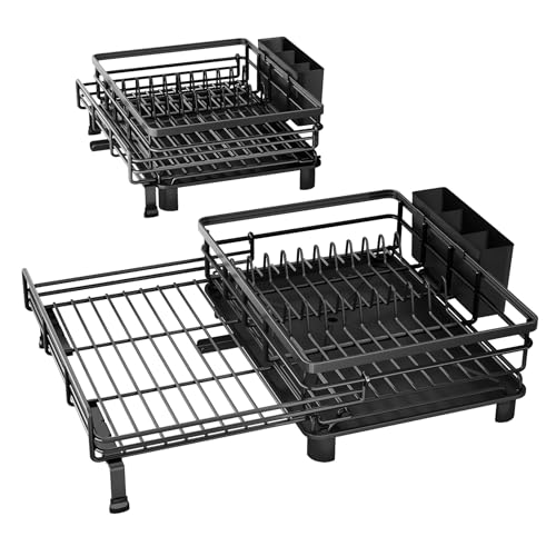 SNTD Dish Drying Rack - Extendable Dish Rack, Large Sink Drying Dish Drainer for Kitchen Counter, Stainless Steel Dish Strainer with Utensil Holder (Black)