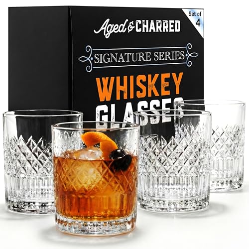 Aged & Charred Lead-Free Crystal Whiskey Glasses With Heavy Base (Set of 4) - 11 Oz Rocks Barware for Old Fashioned, Bourbon, and Cocktail Drinks - Premium Whiskey Bourbon Gift for Men