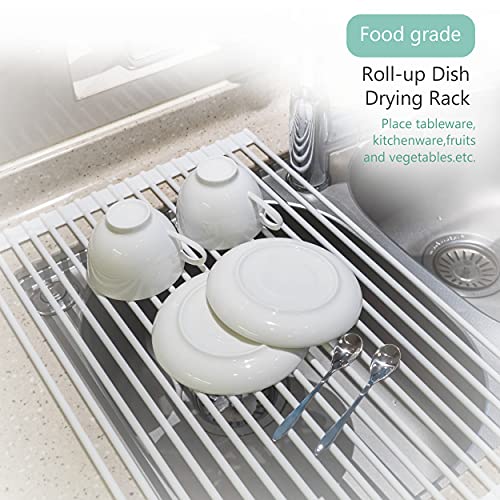 Bigdata&BetterLife Multi Purpose Roll Up Dish Drying Rack White Dish Drying Mat with Rack for Kitchen,Heavy Duty Foldable Silicone-Coated Stainless Steel Sink Dry Rack (White,20.5" x 13.1")