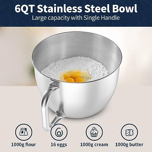 GEFT Stand Mixer, 6 QT 600W Tilt-Head Dough Mixer, 6+P speed Mixers Kitchen Electric Stand Mixer with Stainless Steel Bowl, Dishwasher-Safe Dough Hook, Flat Beater, Wire Whisk, Splash Guard, Grey