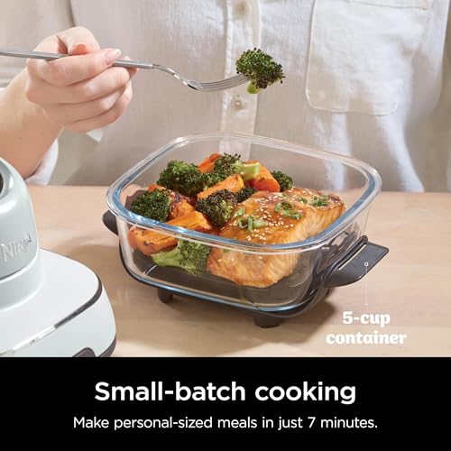 Ninja FN100WH Crispi Air Fryer, Microwave, Freezer & Dishwasher Safe, Non Toxic Glass Portable Cooking System, 4 QT & 5 Cup Glass Containers with Storage Lids, Easy Meals, White (Renewed)
