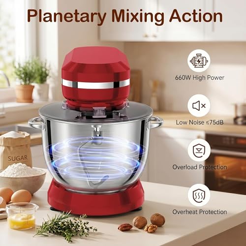 LAZMOQUSA 6in1 Stand Mixer with 6.5 Quart Bowl, 660W 10+p Speeds Kitchen Food Mixer Tilt-Head Bread Dough and Cake Mixers for Home Daily Use (Red)