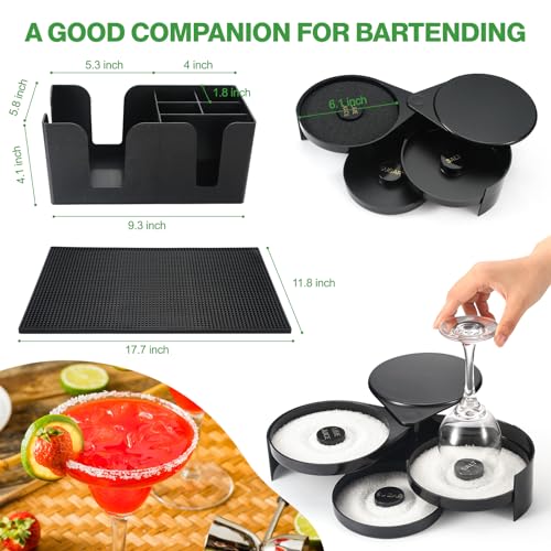 Bartending Supplies - 18" x 12" Bar Mat Garnish Tray with Lid Bar Caddy 3 Tier Bar Glass Rimmer, 2 Plastic Juice Pour Bottles 3 Mini Tongs 12 Classic Liquor Bottle Pourers 500 Cocktail Straws(Black)