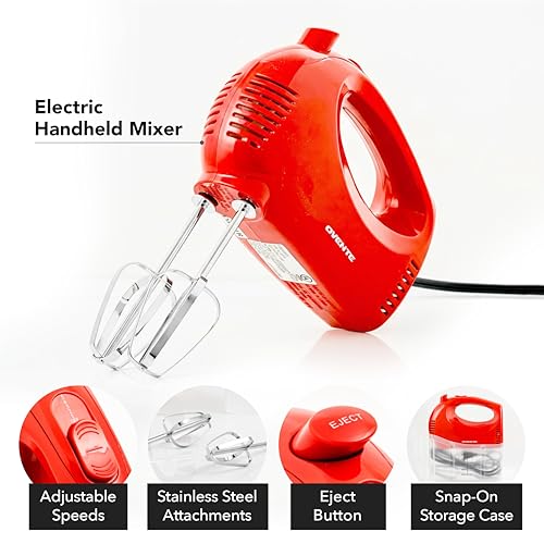 OVENTE 5-Speed Electric Hand Mixer with Storage Case,150W, Red HM151R