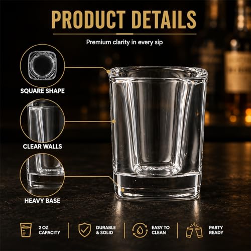 Ruckae 12 Pack 2 OZ Shot Glasses Set Clear Shot Glasses Bulk with Heavy Base Bar Square Glass Shot Cups for Vodka Tequila Whiskey Liquor