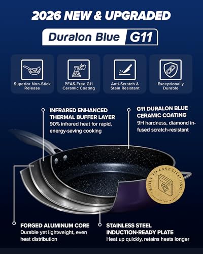 Nuwave Essential Series 5PC Ceramic Cookware Set PFAS-Free, G11 Duralon Blue Coating, Pots and Pans Set Non Stick, Diamond Scratch-Resistant,Stay-Cool Handle, Metal Lid,Induction Ready,Dishwasher Safe