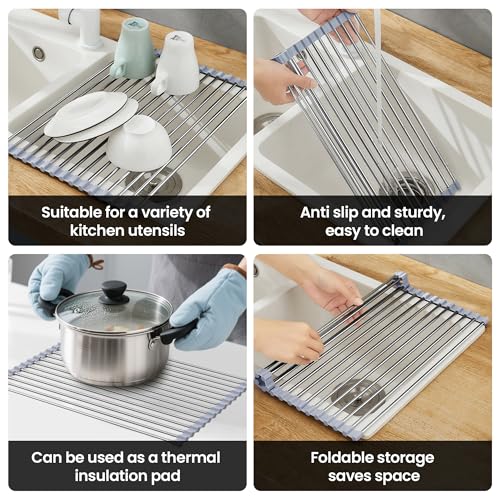 Yohslqo Roll Up Dish Drying Rack for Sink, Over Sink Dish Rack 17 x 15.7 Inch, Silicone Stainless Steel Dish Drainer for Kitchen Counter, BPA Free Utensil Drying Rack, Gray