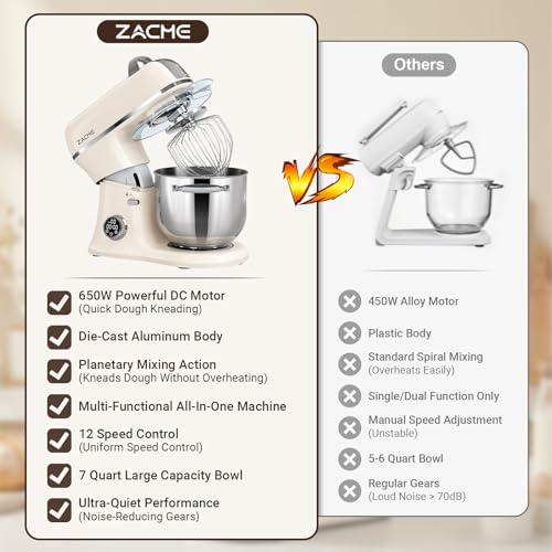 ZACME 7 Quart Stand Mixer Aluminum Die Casting, 650W 12 Speed Tilt-Head Kitchen Electric Stand Mixer, Household Food Mixer with Stainless Steel Bowl, Dough Hook, Whisk and Beater (Cream)
