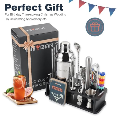 HMYBAR® 22-Piece Cocktail Shaker Set, Mixology Bartender Kit with 24oz Cobbler Shaker, Home Bar Tool Set with Black Bamboo Stand, 39 Recipe Cards, Glass Markers, Gift for Men & Dad