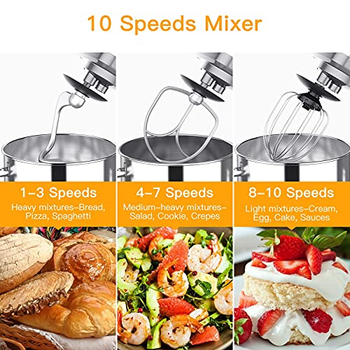 Stand Mixer 7.5QT 10-Speed 660W Tilt-Head Kitchen Electric Food Cake Mixer with Stainless Steel Bowl, Whisk, Dough Hook, Beater & Splash Guard, Silver