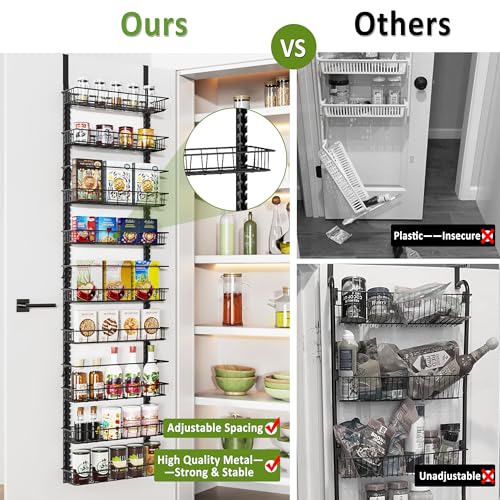Churboro Over the Door Pantry Organizer Rack with 9 Adjustable Baskets, 9 Tiers Dual-use Hanging or Wall Mount Spice Rack Organizer, Black