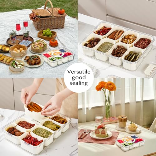 Dunruz Snackle Box Container,Portable Snack Box 8 Compartment Divided Serving Tray with Lid,Clear Storage Organizer for Fruit Candy Nuts Veggie-Perfect for Road Travel Party (1 Pack-8 Compartments)