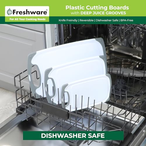 Freshware Cutting Boards for Kitchen, Chopping Board 3-Pack with Different Sizes, Juice Grooves and Non Slip Handles - Reversible, Large Cutting Board Set - Dishwasher Safe - Gray