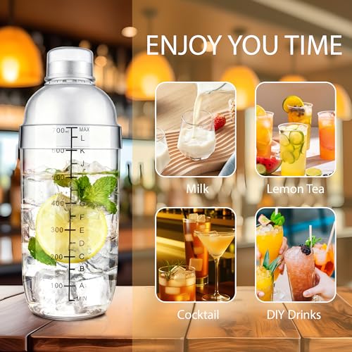BETTFOR Plastic Cocktail Shaker with Measuring Scale 24oz (700ml), Leak-Proof & Shatter-Resistant Drink Mixer for Bartending, Protein Shakes, Iced Coffee & Milk Tea