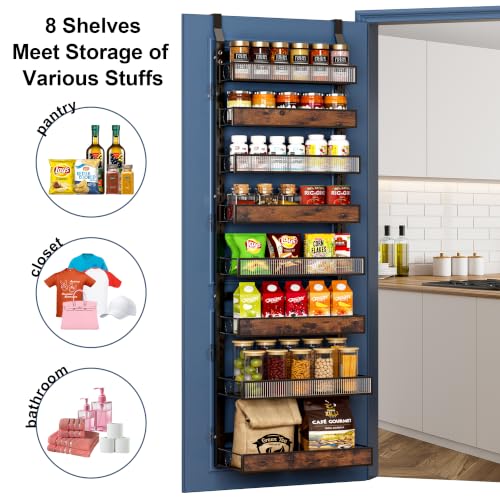 8 Tier Pantry Door Organizer Spice Rack, 2-IN-1 Wall Mount or Hanging Over Door Seasoning Organizer with Adjustable Baskets, Heavy Duty Behind Door Storage Shelves for Pantry, Cabinet and Kitchen