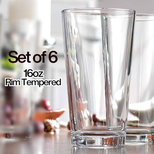 PR1M3 Set of 6 Drinking Glasses,16oz Heavy Base, Margarita Glass Cups Pint Glasses to Cocktail Clear Tall Beer Glasses, Water Glasses, Bar Glass, Juice, Iced Tea - Dishwasher Safe.