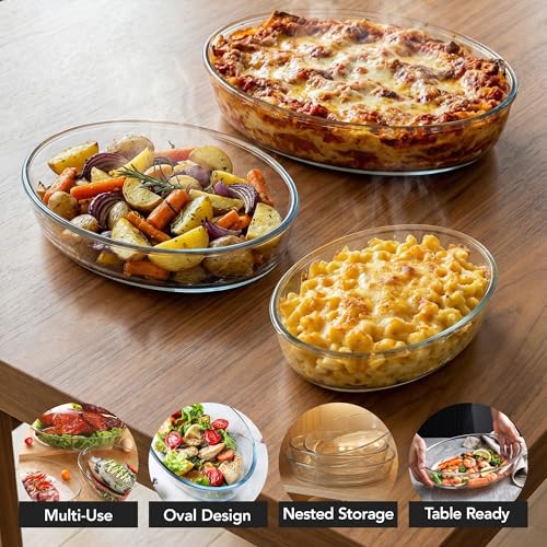 OVENTE Glass Baking Dish Set, 3-Piece Value Pack Oval Bakeware 0.7L/1.6L/2.4L, Oven, Microwave & Dishwasher Safe, Perfect for Lasagna Casserole, Deserts, Food Prep, Serving & Reheating, Clear GBD33