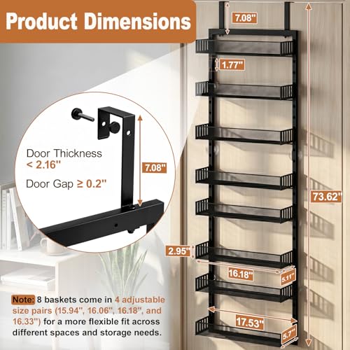 Over the Door Pantry Organizer, 8-Tier Heavy-Duty Door Spice Rack with Mesh Baskets, Height Adjustable & Anti-Swing Design, Pantry Door Organizers and Storage for Kitchen, Bathroom, Laundry Room