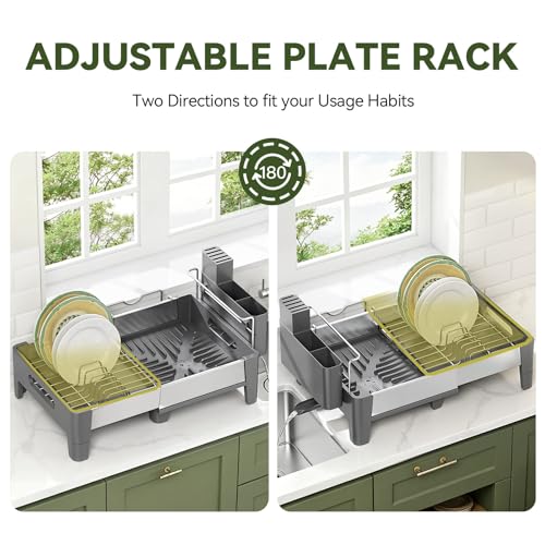 Urackify Expandable Dish Drying Rack, Stainless Steel Dish Rack with Aluminum Frame, Dish Drainer for Kitchen Counter, Space Saving Kitchen Drying Rack with Movable Utensil Holder, Gray