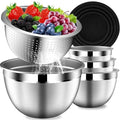 DUTZUN Mixing Bowls with Lids Set, Stainless Steel Mixing Bowls with Colander, Strainer with Mixing Bowl Set, Serving Bowl Kitchen Gift, Size 4.5, 2.5, 2, 1.5QT - Black