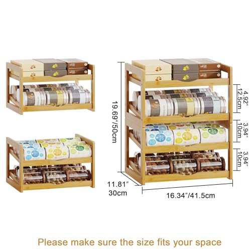 BAMBANG Can Organizer for Pantry, 4 Tier Stackable Bamboo Canned Food Storage Rack, Rolling Soda Can Dispenser Holds Up to 48 Cans, Detachable Can Organizer for Cabinet, Natural