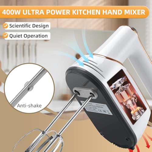 GELANGS Hand Mixer, 5-Speed Electric with Turbo Boost, White, Copper Motor, 400W, Dishwasher-Safe Attachments for Baking, Whipping, Dough