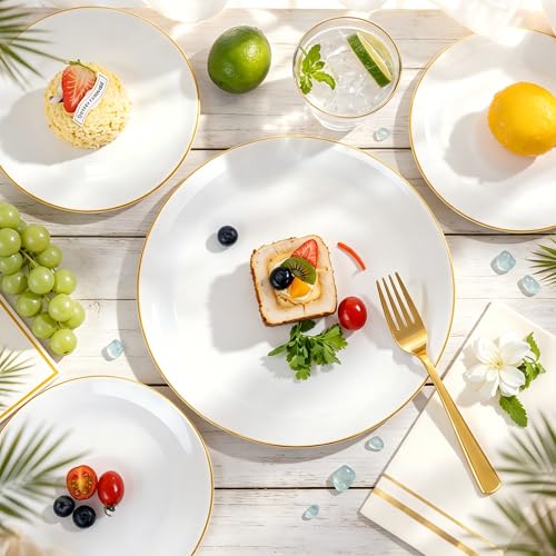 Festiva 350Pcs Gold Plastic Plates - White and Gold Dinnerware Set Disposable include 10" & 7" Plates,Cups,Silverware,Napkins -serve 50 Guests Perfect for Wedding& Easter&Birthday Party