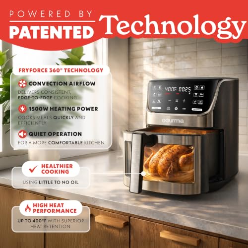 Gourmia Air Fryer - 7 Qt Large Capacity with LED Display, 12 One-Touch Presets, FryForce 360° Technology, Nonstick Dishwasher-Safe Basket & Crisper Tray, Stainless Steel