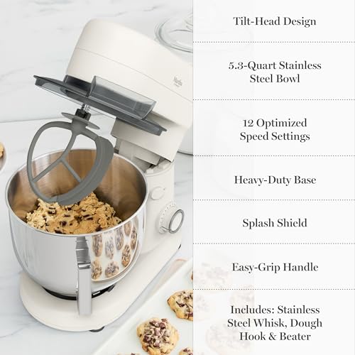 Martha Stewart 5.3Qt Stand Mixer, 12-Speed Tilt-Head Electric Kitchen Mixer with Stainless Steel Bowl, Dough Hook, Whisk & Beater, Splash Guard, Ideal for Baking Bread, Cake & Whipping, Linen Cream