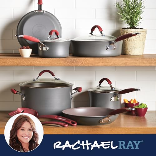 Rachael Ray Cucina Dishwasher-Safe Hard-Anodized Pots and Pans Set Non Stick Cookware, 12-Piece, Gray with Red Handles