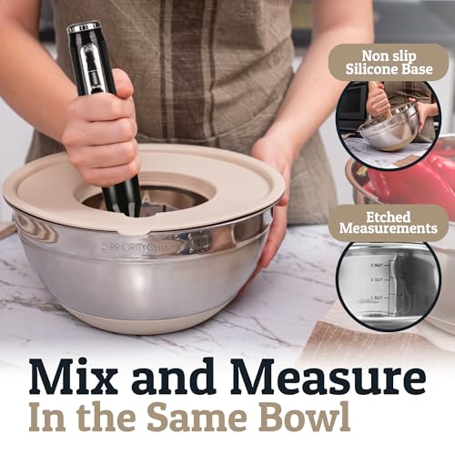Priority Chef 6Pc Large Mixing Bowls With Lids Set with Non-Slip Bases, Stainless Steel Mixing Bowl Set, 6 Airtight Lids and 3 Graters, Khaki