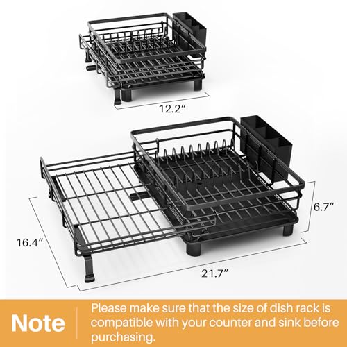 SNTD Dish Drying Rack - Extendable Dish Rack, Large Sink Drying Dish Drainer for Kitchen Counter, Stainless Steel Dish Strainer with Utensil Holder (Black)