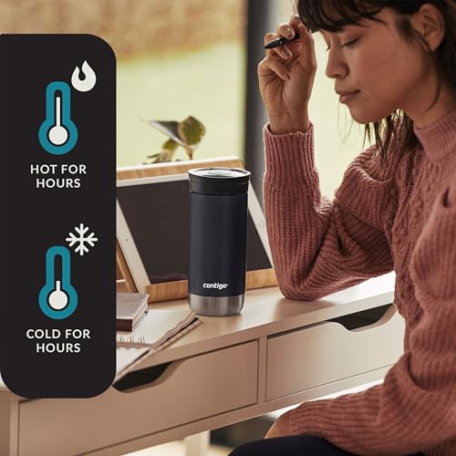 Huron Vacuum-Insulated Stainless Steel Travel Mug, 16oz Licorice - Leak-Proof Lid for Hot/Cold Beverages, Fits Most Cup Holdersand Brewers