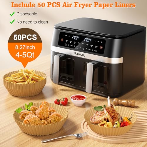 HoninJoy 12QT Large Dual Basket Air Fryer with Viewing Window and 50pcs Paper Liners, 10-in-1 Digital Touchscreen Double Zone Air Fryers, SyncCook to Bake,Roast,Reheat,Broil, Nonstick Dishwasher Safe