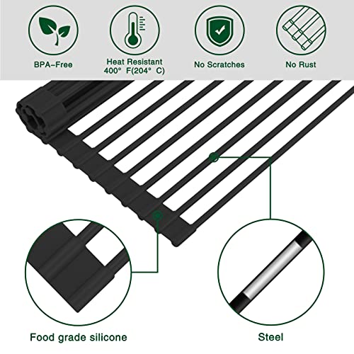 HANZENMA Roll Up Dish Drying Rack Over The Sink Kitchen Roll Up Sink Drying Rack Multipurpose Foldable Sink Drying Mat, Heat-Resistant, Anti-Slip & Anti-Rust Dish Rack for Kitchen, 20.5" x 13", Black