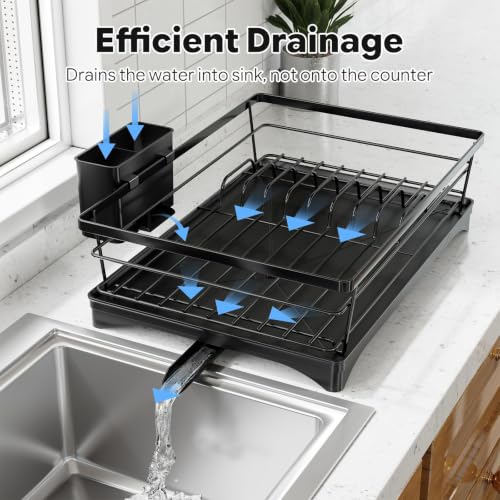 Simple Trending Dish Drying Rack, Space-Saving Dish Rack for Kitchen Counter, Stainless Steel Dish Drainer with Cutlery Holder and Drainboard, 12''W x 17''L, Black