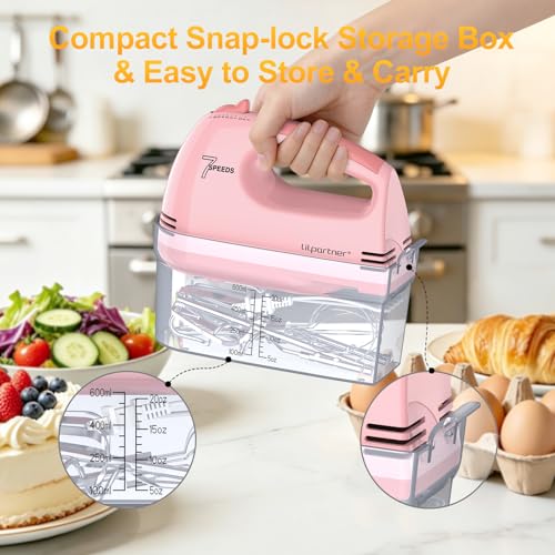 LILPARTNER Electric Hand Mixer with Storage Box, Ultra Power Kitchen Hand Mixer With 7-Speed & 5 Stainless Steel Accessories for Whipping Dough, Cream, Cake, Dishwasher Safe, PINK BOX